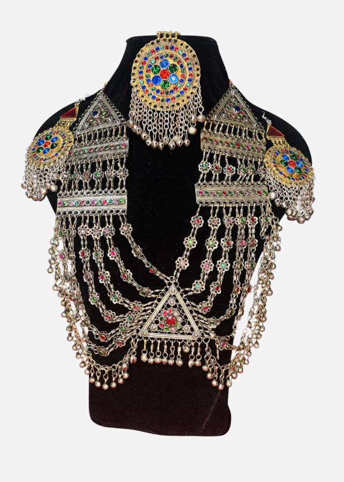 Vintage Afghan Kuchi Multicolor Necklace/with Earings And Head Piece 