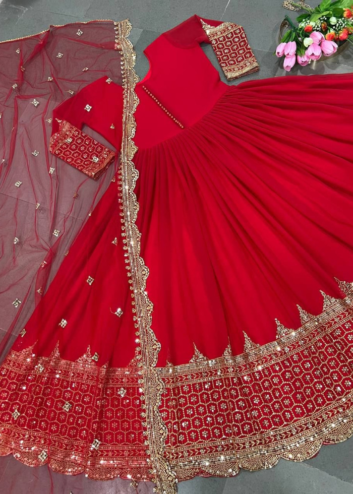 Red Faux Georgette Gown With Dupatta For Women And Girls