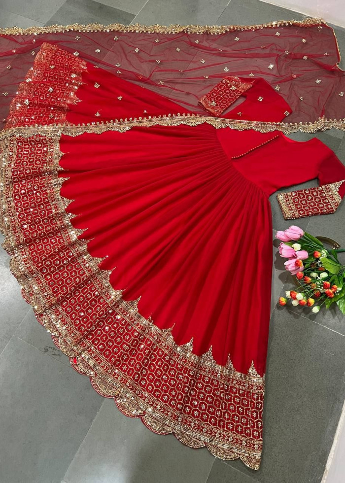 Red Faux Georgette Gown With Dupatta For Women And Girls