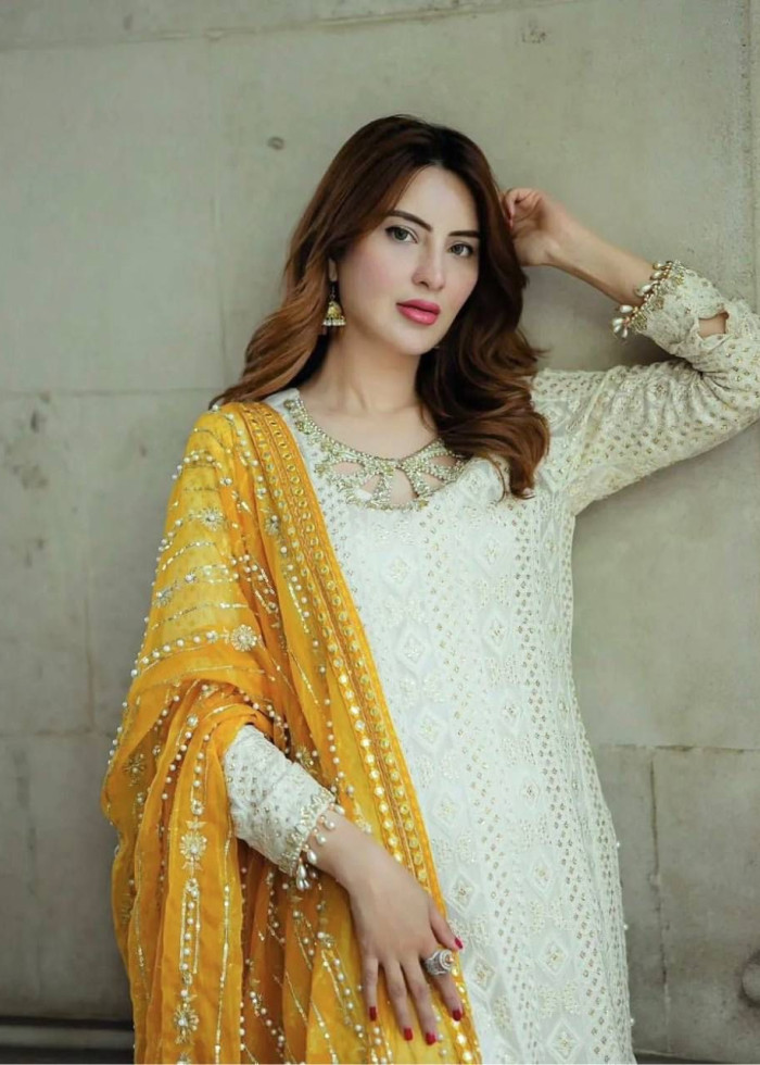 Women's Heavy Faux Georgette Embroidery 3 mm Sequence With Rivet Moti Work Kurta Pent with Dupatt Set (Freesize)