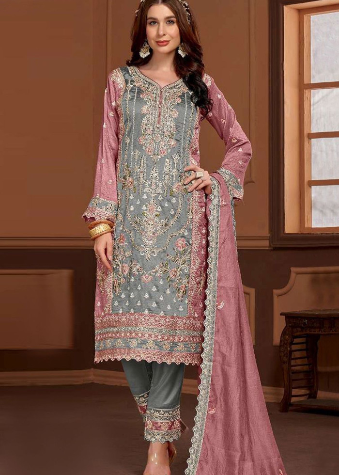 Light Grey Silk Resham Embroidered Straight Cut Trouser Suit