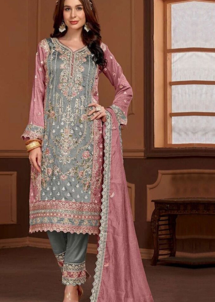 Light Grey Silk Resham Embroidered Straight Cut Trouser Suit
