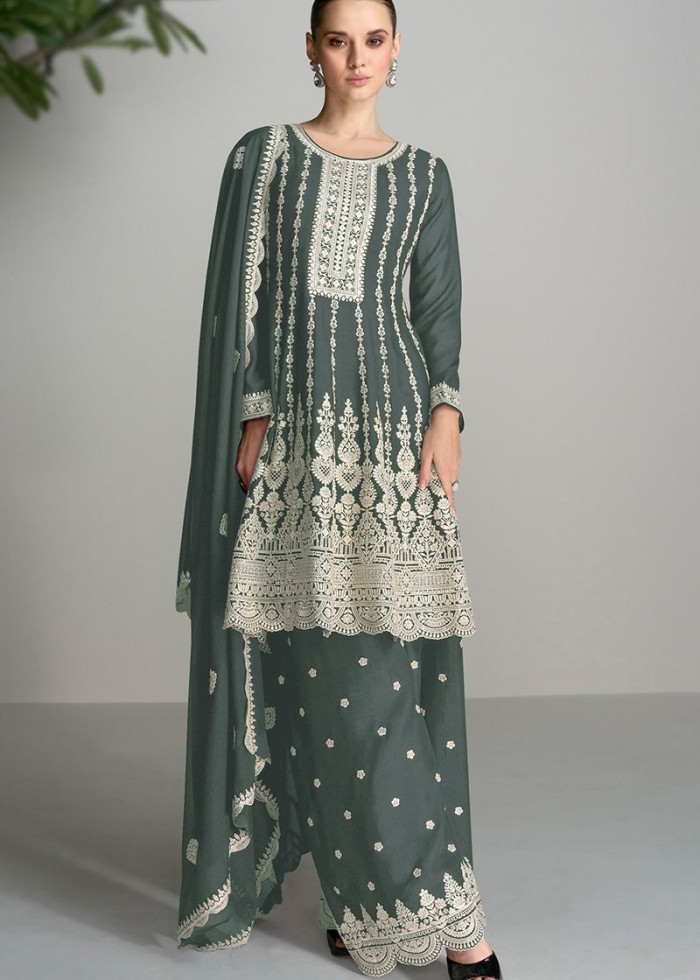 Grey Heavy Blomming Chinon Embroidered Festival Casual Palazzo Pant Salwar Kameez